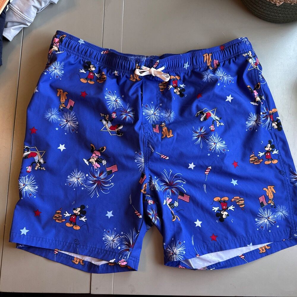 Disney Mickey Mouse Swim Trunks Mens XXL Blue Fireworks Cruise Wear EUC